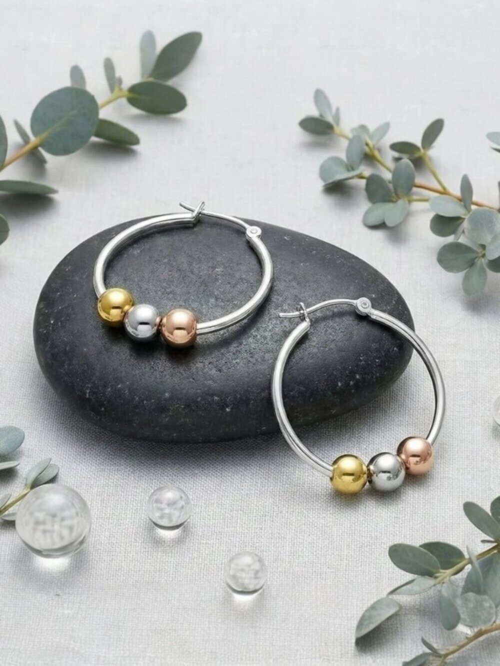 18k Gold Plated SS Tri-Color Beaded Hoop Earrings Gold Rose Gold Silver 1.2"